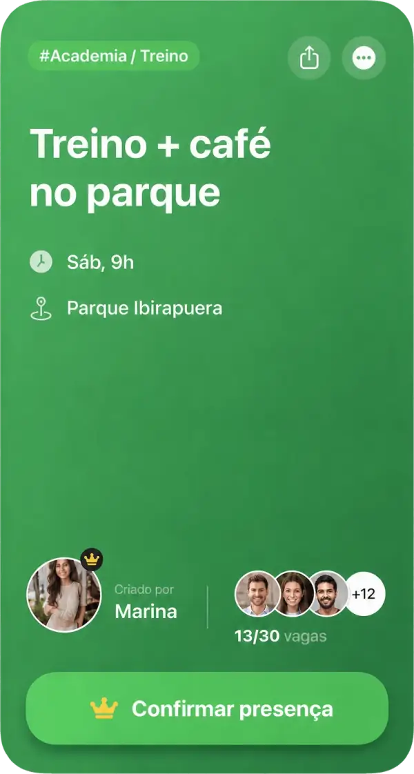 Convite para treino e café no parque criado por Marina